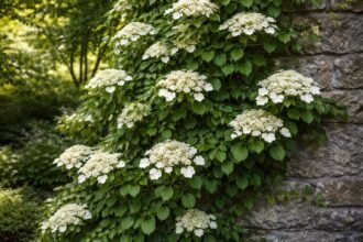 - Kúszó hortenzia: árnyékban is díszítő növény, erős kapaszkodó gyökereket fejleszt egész nyáron.