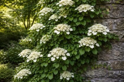 - Kúszó hortenzia: árnyékban is díszítő növény, erős kapaszkodó gyökereket fejleszt egész nyáron.