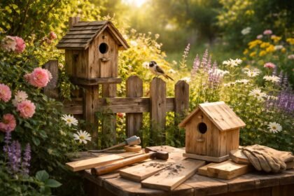 Kézzel készített cinegeodú a kertben, madárbarát odú, amely otthont ad.