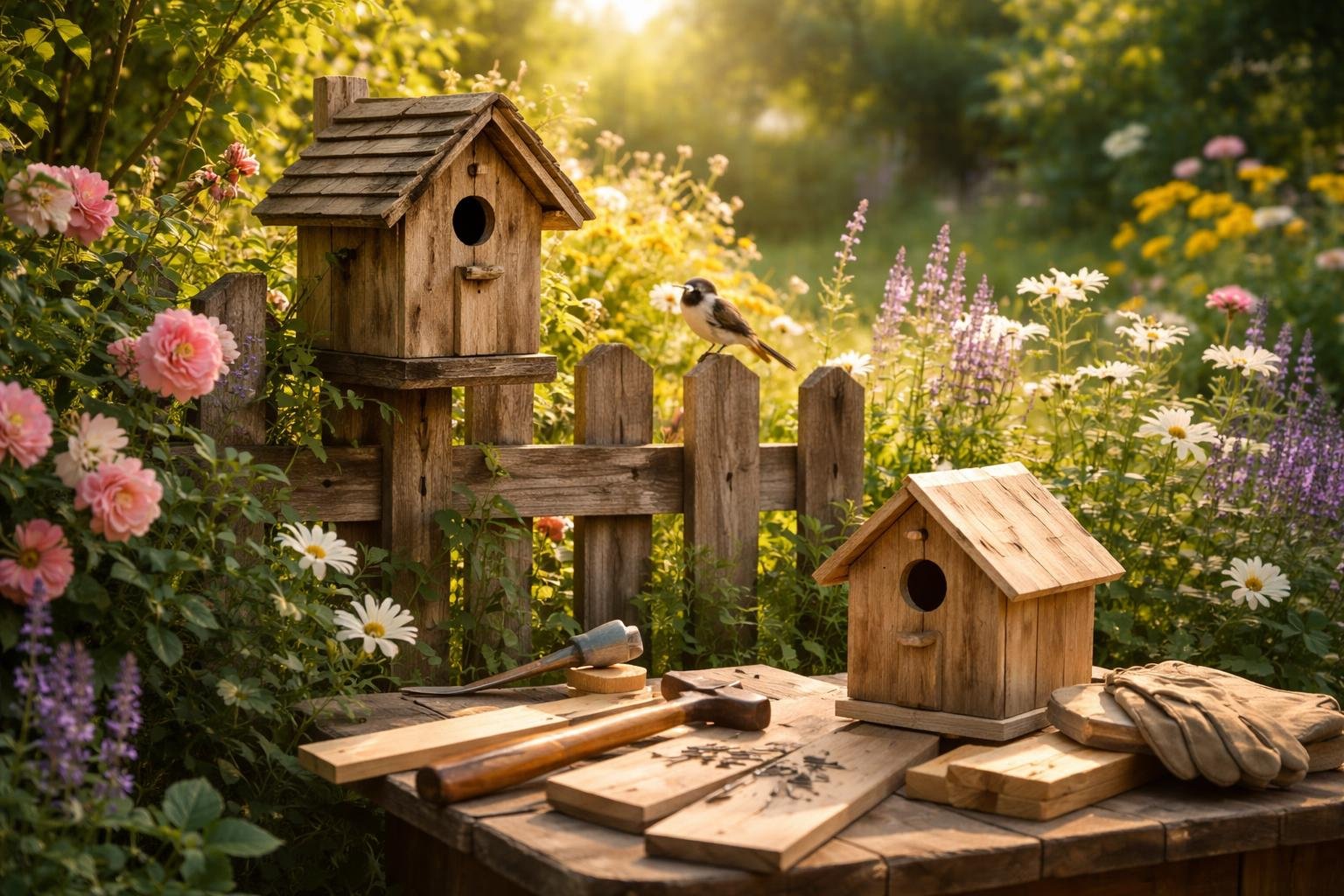 Kézzel készített cinegeodú a kertben, madárbarát odú, amely otthont ad.