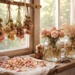 Száraz rózsák elegánsan elrendezve, hosszú távú megőrzés módszereivel bemutatva a fotón.