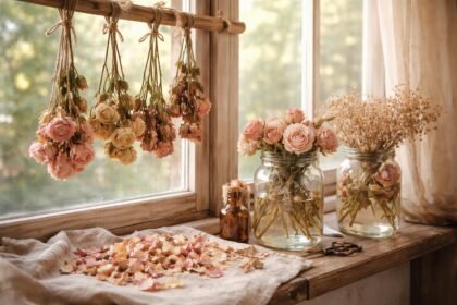 Száraz rózsák elegánsan elrendezve, hosszú távú megőrzés módszereivel bemutatva a fotón.