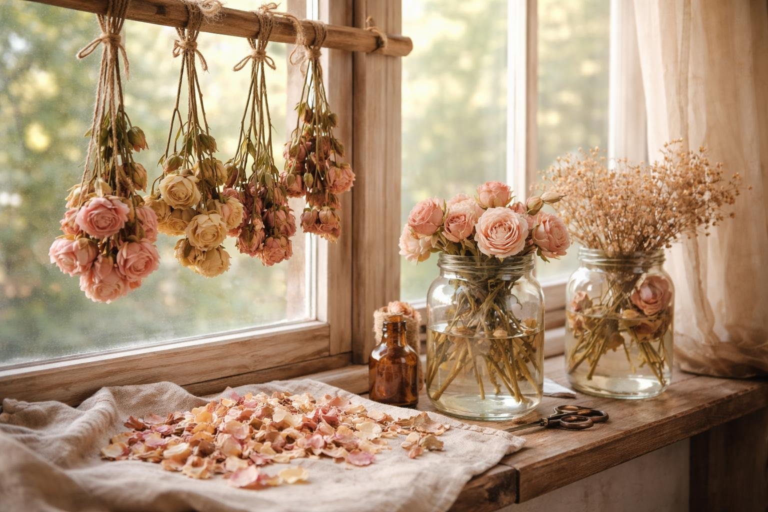 Száraz rózsák elegánsan elrendezve, hosszú távú megőrzés módszereivel bemutatva a fotón.