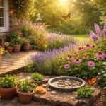 Pillangók körbefutó kertjében pillangóállomást mutat be virágzó növények között, napfényben