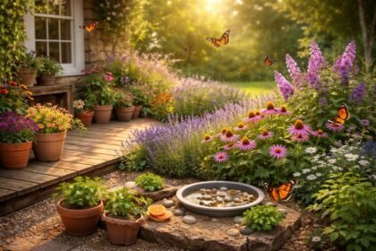 Pillangók körbefutó kertjében pillangóállomást mutat be virágzó növények között, napfényben