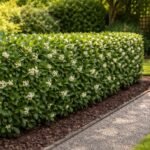 - Illatcserje Osmanthus gondozása látható kertkép, sövényként burjánzik örökzölddel és erős illattal.