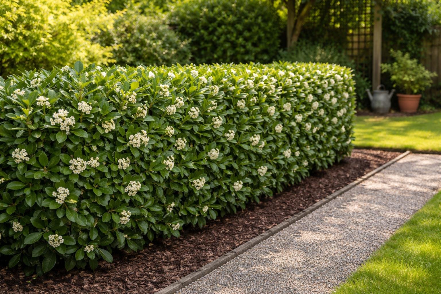 - Illatcserje Osmanthus gondozása látható kertkép, sövényként burjánzik örökzölddel és erős illattal.