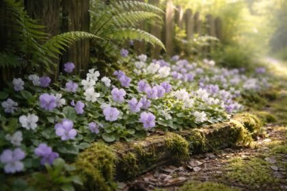 Illatos ibolya virágok árnyékos kertben, gondozási tippeket vizuálisan ábrázolva megjelenítve.