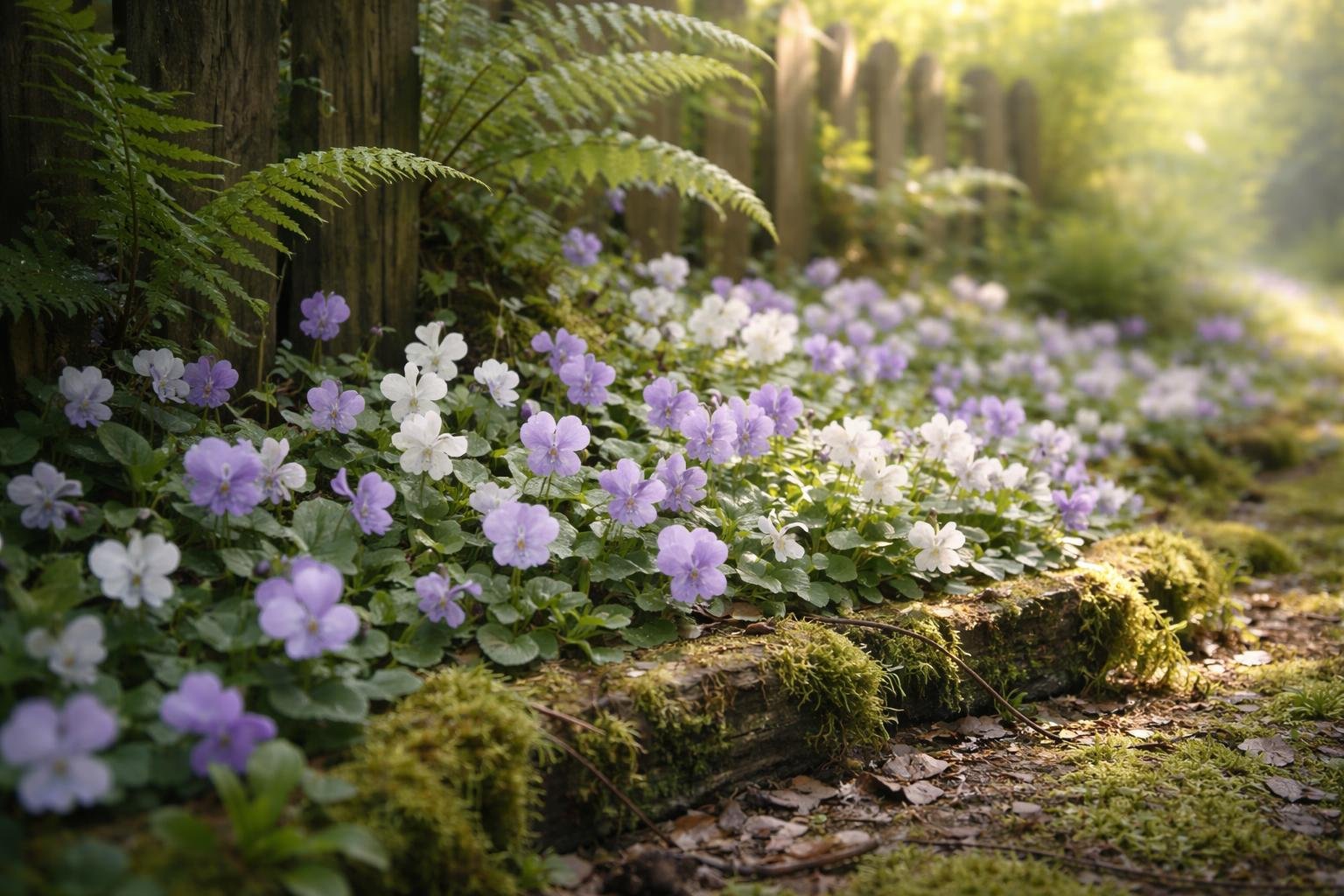 Illatos ibolya virágok árnyékos kertben, gondozási tippeket vizuálisan ábrázolva megjelenítve.