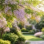 Részlet egy Imafüzérfa (Melia azedarach) ágáról, virágokkal és gyöngyszerű termésekkel.
