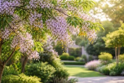Részlet egy Imafüzérfa (Melia azedarach) ágáról, virágokkal és gyöngyszerű termésekkel.