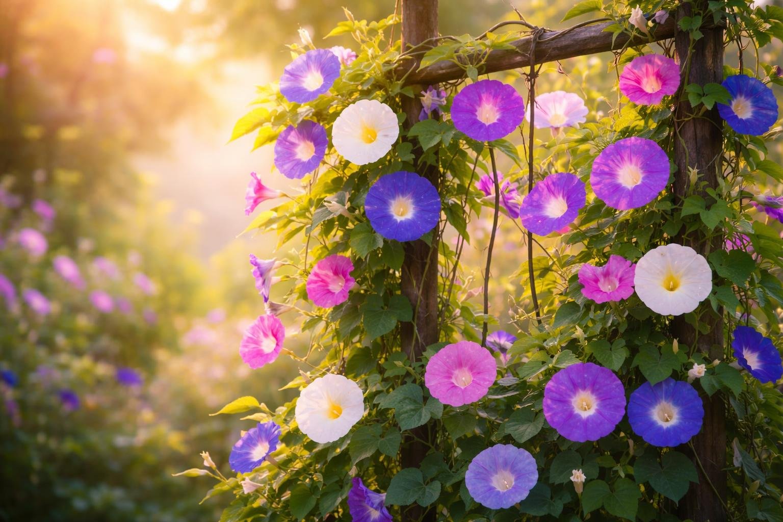 Ipomea tricolor hajnalka gyors növésű kúszónövény, trombitavirágok kék, lila, rózsaszín és fehér.