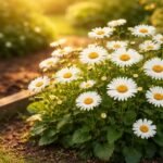 Frissen virágzó margaréta ágyásban napfényben, zöld levelekkel és fehér szirmokkal.