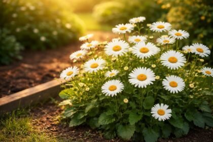 Frissen virágzó margaréta ágyásban napfényben, zöld levelekkel és fehér szirmokkal.