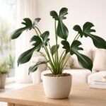 Joep-filodendron Philodendron joepii lágy fényben, kacsacsőrre emlékeztető levelekkel a lakásban.