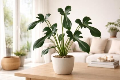 Joep-filodendron Philodendron joepii lágy fényben, kacsacsőrre emlékeztető levelekkel a lakásban.