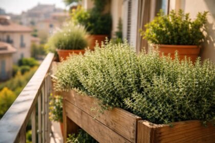 Kakukkfű lombjai balkonládában, napos erkélyen, friss fűszer a konyhának és illatos a nyári napsütés.