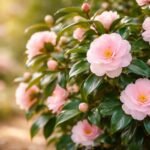 Kamélia fotó: örökzöld levelek, rózsás virágok téli–kora tavaszi díszítéshez beltérre és kertbe