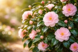 Kamélia fotó: örökzöld levelek, rózsás virágok téli–kora tavaszi díszítéshez beltérre és kertbe