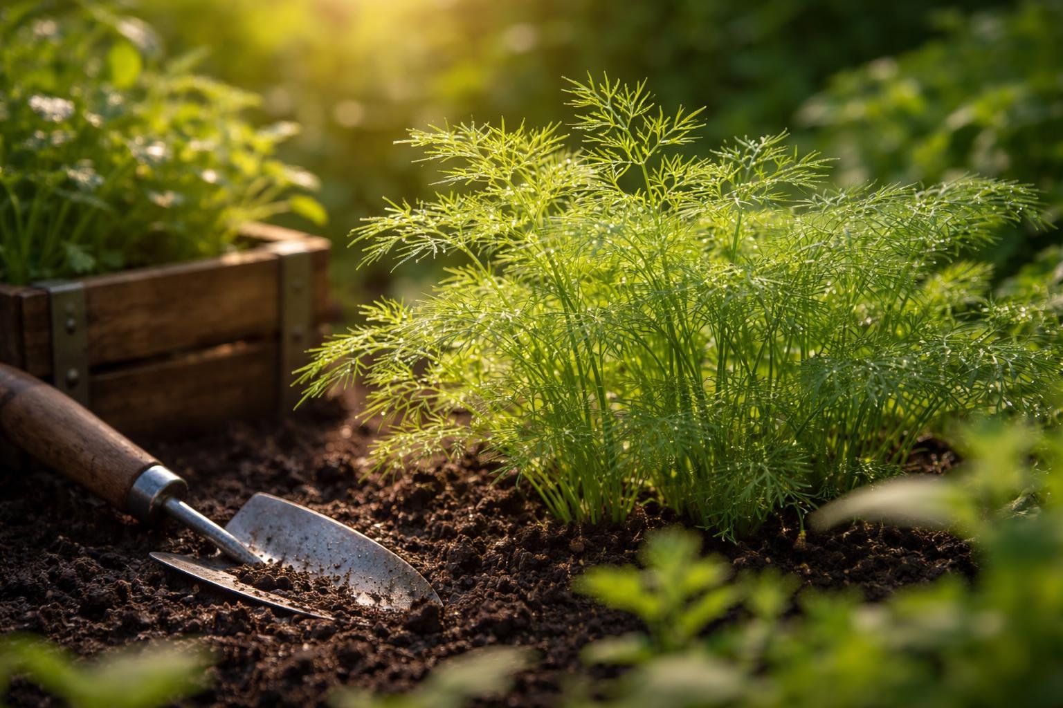 Friss kapor levelei a konyhakertben növekedve, ültetési tippeket sugallva a hűvös tavasszal.