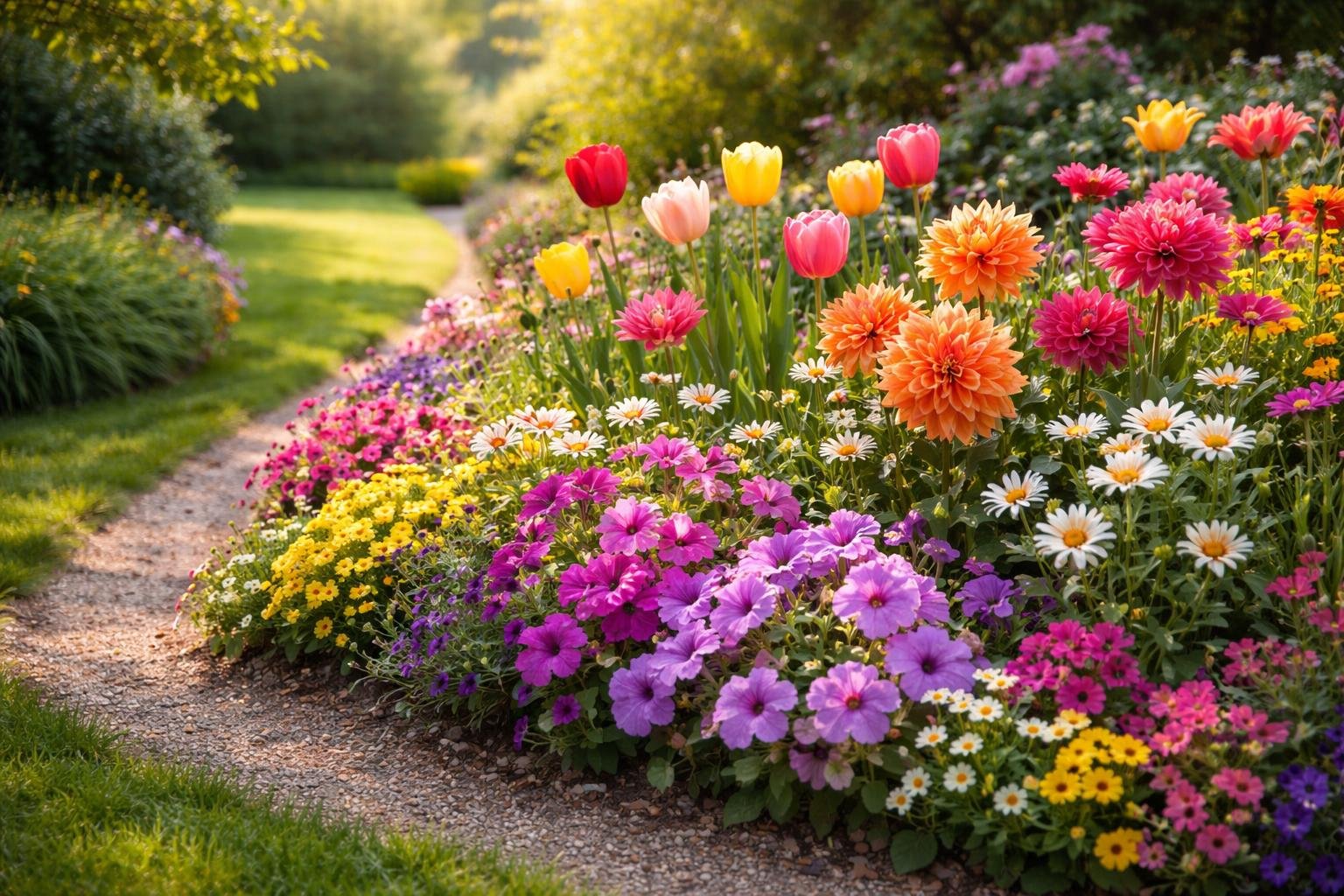 Színes kerti virágágyás reggeli fényben, élénk piros, sárga és lila színek.