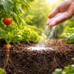 Kert látvány, keserűsó csomag és növényvédő eszközök a háttérben, kíváncsi kertészek figyelnek.