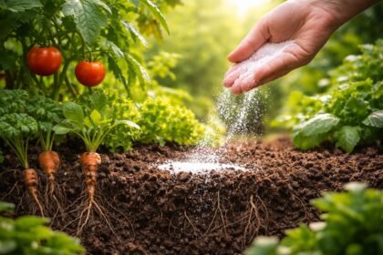 Kert látvány, keserűsó csomag és növényvédő eszközök a háttérben, kíváncsi kertészek figyelnek.