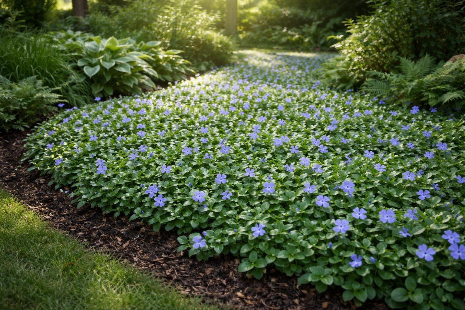Kis télizöld (Vinca minor) talajtakaró sűrű lombja az árnyékos kertben, tavaszi virágokkal