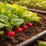 Fiatal konyhakerti növények, korai retek és saláta ropogós termése napfényes, jó talajban.