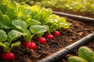 Fiatal konyhakerti növények, korai retek és saláta ropogós termése napfényes, jó talajban.