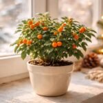 Korallbokor Solanum pseudocapsicum narancsszerű bogyói zöld levélzettel dekorált karácsonyi beltéri jelenet