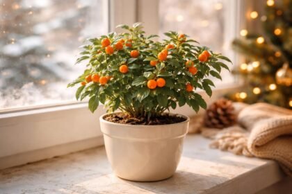 Korallbokor Solanum pseudocapsicum narancsszerű bogyói zöld levélzettel dekorált karácsonyi beltéri jelenet