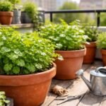 Koriander konténerben, balkonon növő növényzet, zöld levelek és mini konyhai környezet.