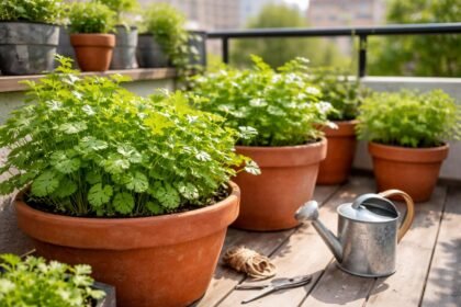 Koriander konténerben, balkonon növő növényzet, zöld levelek és mini konyhai környezet.