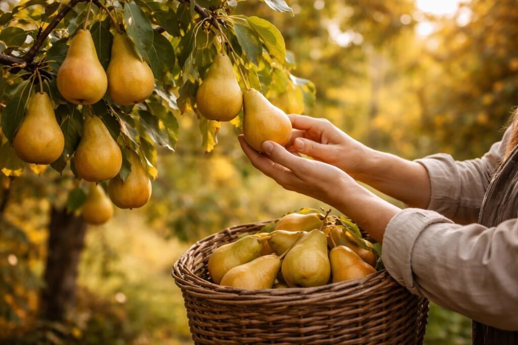 Kertben érő körtefák lágy fényben, idejét kereső szedésjelzésekkel, friss illat.