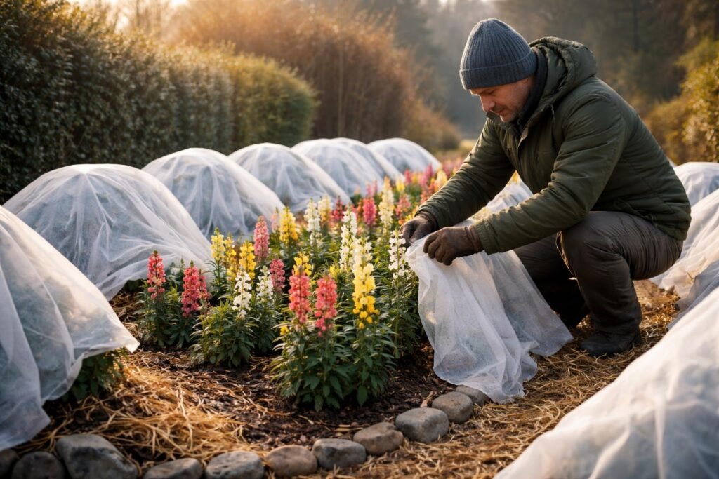 Kertész a kültéri oroszlánszájakat téli védelemhez előkészíti, mulcs és takaró használatával.