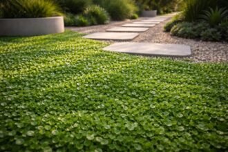 - Kúszó pázsitszulák (Dichondra repens): talajtakaró, kevés nyírással és öntözéssel fenntartható.