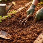 Kertész lazítja a kötött agyagos talajt ásóval, miközben növények a környéken.