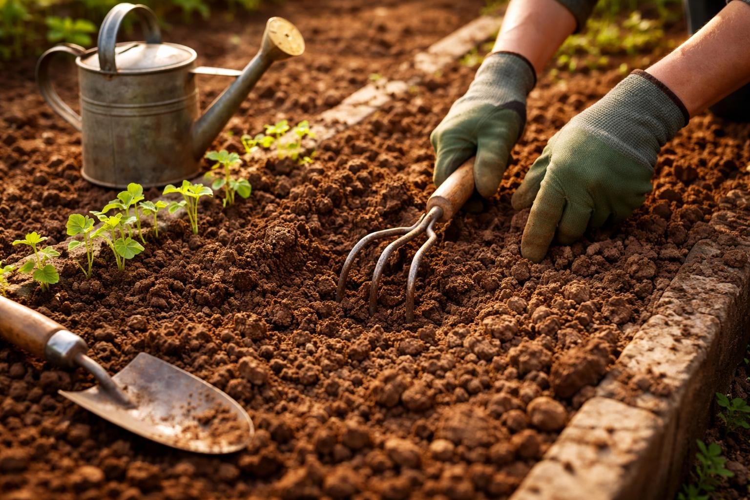 Kertész lazítja a kötött agyagos talajt ásóval, miközben növények a környéken.