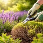 Levendula bokrok tavasszal metszés alatt látható, elöregedett ágak visszavágása, formázás