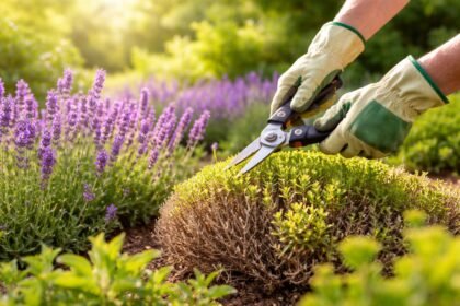 Levendula bokrok tavasszal metszés alatt látható, elöregedett ágak visszavágása, formázás