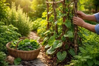 Piros szárú malabár spenót levelei dísznövényként futtatja a kertet és gazdagítja egy konyhai hasznosítási lehetőségeivel.