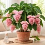 Medinilla magnifica nagy, rózsaszín virágfürtjei fényes levelekkel beltéri környezetben lenyűgözően.