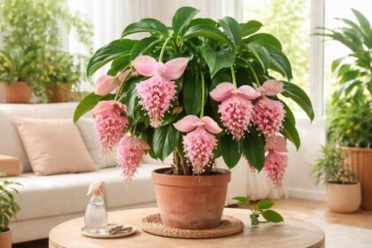 Medinilla magnifica nagy, rózsaszín virágfürtjei fényes levelekkel beltéri környezetben lenyűgözően.