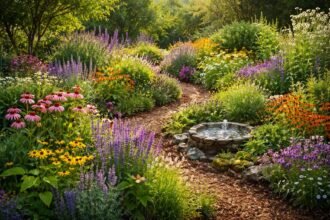 Zsúfolt virágágyások méhbarát növényekkel, zümmögő méhekkel és kipirult napfénnyel a kertben.