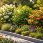 Viburnum bangita virágzás, nyári lomb, ősz bogyók és színes levelek a kertben.