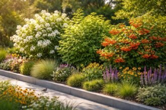 Viburnum bangita virágzás, nyári lomb, ősz bogyók és színes levelek a kertben.