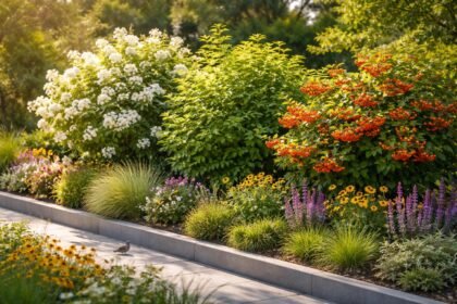 Viburnum bangita virágzás, nyári lomb, ősz bogyók és színes levelek a kertben.