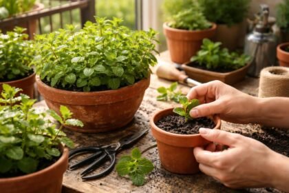 Friss mentalevelek láthatók balkonon és konyhakertben, illatos zöld csomagokkal a napon.