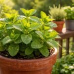 - Menta konténerben: gyorsan terjedhet a kertben, de kontrolláltan egészséges marad.